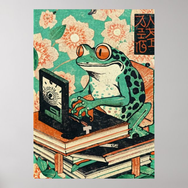 Poster Grenouille amusante sur ordinateur portable | Amou (Devant)