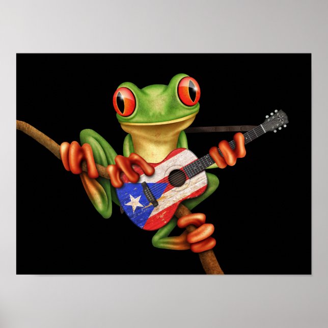 Poster Grenouille Arbre Jouer Porto Rico Drapeau Guitare  (Devant)