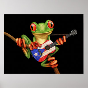 Poster Grenouille d'arbre jouant le noir de guitare de