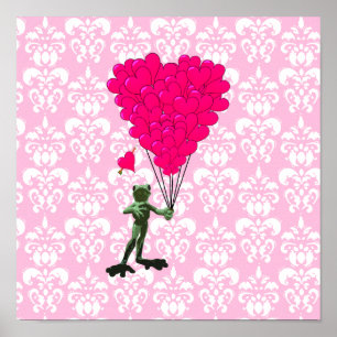 Poster Grenouille drôle dessin animé & cœur rose sur dama