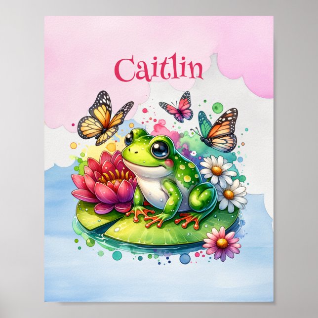 Poster Grenouille, fleurs et papillons personnalisés (Devant)