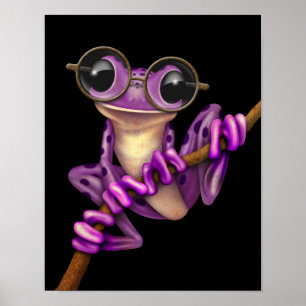 Poster Grenouille mauve avec lunettes d'oeil sur noir
