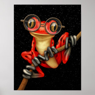 Poster Grenouille rouge mignonne avec lunettes d'oeil ave