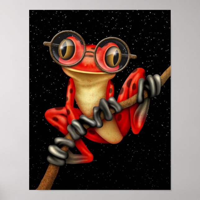 Poster Grenouille rouge mignonne avec lunettes d'oeil ave (Devant)