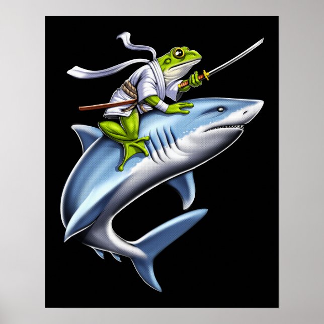 Poster Grenouille Samurai Ninja équitation requin (Devant)