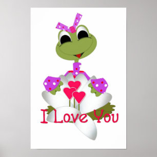 Poster Grenouille verte & Coeurs Je t'aime Imprimer