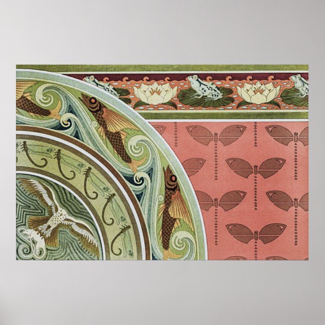 Poster Grenouilles, libellules, poissons volants, cerfs-v (Devant)