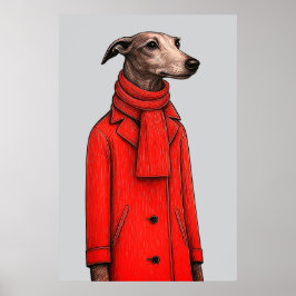 Poster Greyhound in Vivid Red Coat, Modern Drawing