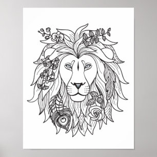 Poster Griffonnage 2 de lion et de fleurs