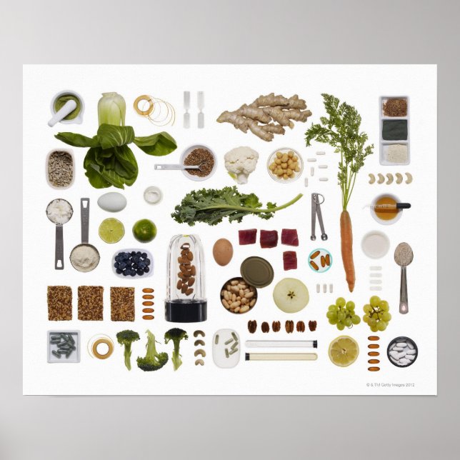 Poster Grille alimentaire saine sur un arrière - plan bla (Devant)