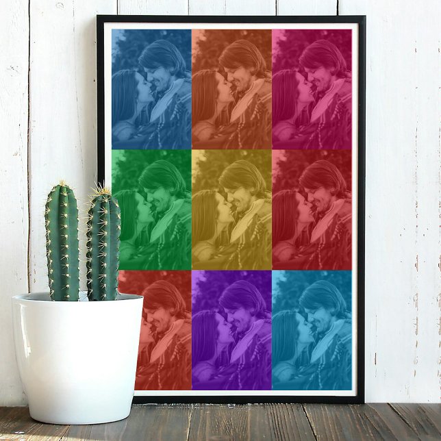 Poster Grille photo personnalisée du Mariage Retro Pop Ar (Colorful Retro Pop Art Wedding Custom Photo Grid Poster)