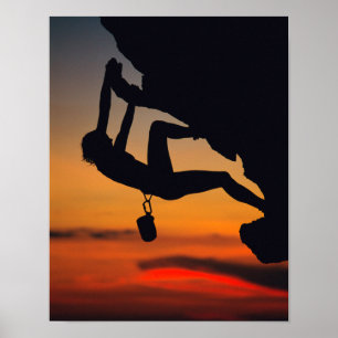 Poster Grimpeur de roche accrochant au lever de soleil