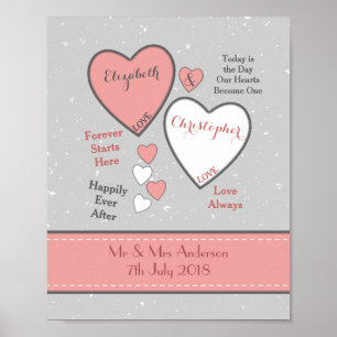 Poster Gris et corail avec le coeur Mariage