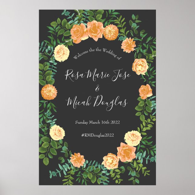 Poster Gris foncé Pêche Mariage Floral moderne (Devant)