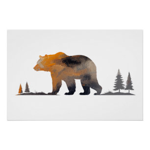 Poster Grizzli Ours Faune Nature Silhouette Style