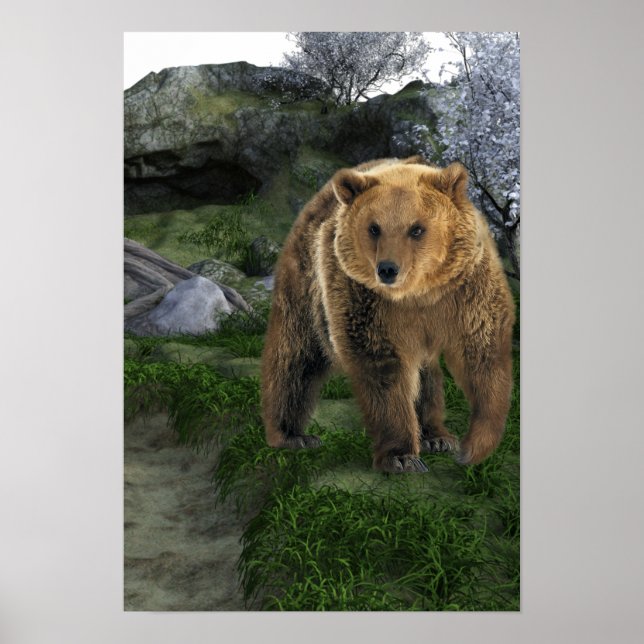 Poster Grizzly Bear Woodland Style Cabine (Devant)