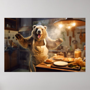 Poster Grizzly Oear Animal Amusant Cuisine Cuisine Happy