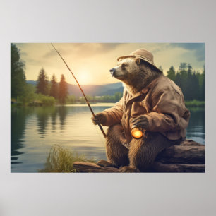 Poster Grizzly Oear Animal Fun Lake Pêche Happy Time
