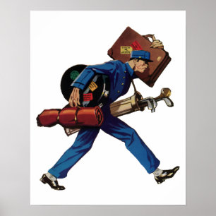 Poster Groom de chambre vintage en uniforme, valise et cl