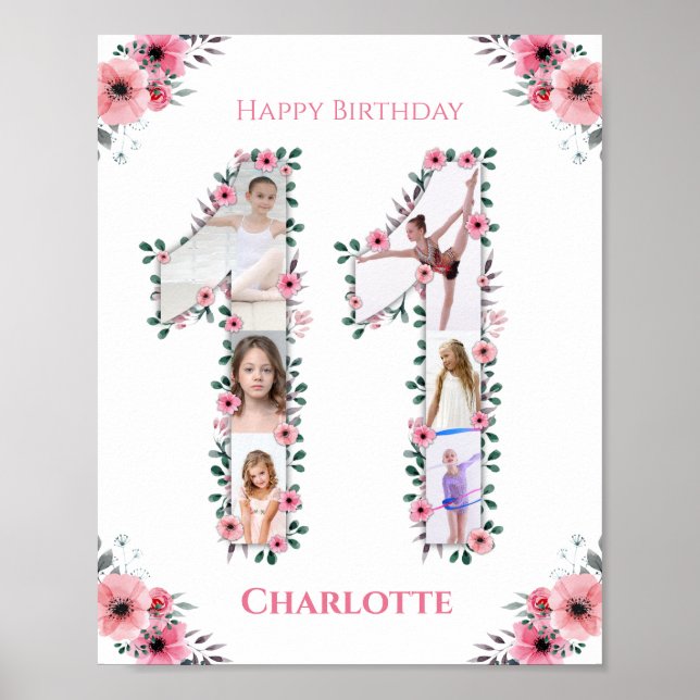 Poster Gros 11e anniversaire fille photo Collage Fleur ro (Devant)