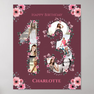 Poster Gros 13e anniversaire Fille rose Collage photo