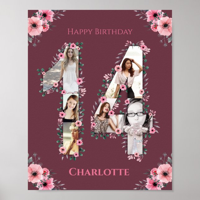Poster Gros 14e anniversaire Fille rose Collage photo (Devant)