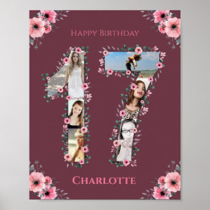 Poster Gros 17e anniversaire Fille rose Collage photo