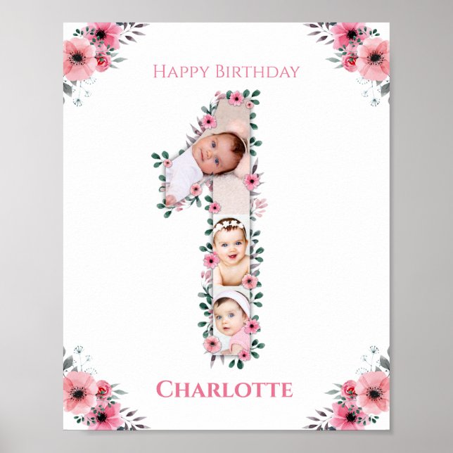 Poster Gros 1er anniversaire fille photo Collage Fleur ro (Devant)