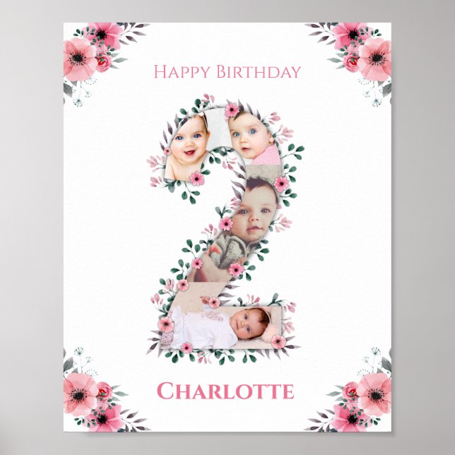 Poster Gros 2e anniversaire fille photo Collage Fleur ros (Devant)
