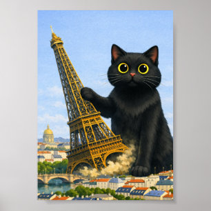 Poster Gros Chat Noir Renverse la Tour Eiffel en Pensant