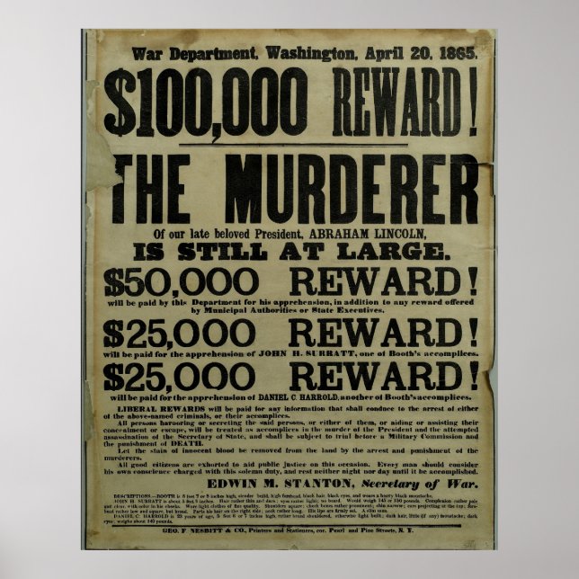Poster Gros meurtre de John Wilkes Booth Lincoln (Devant)