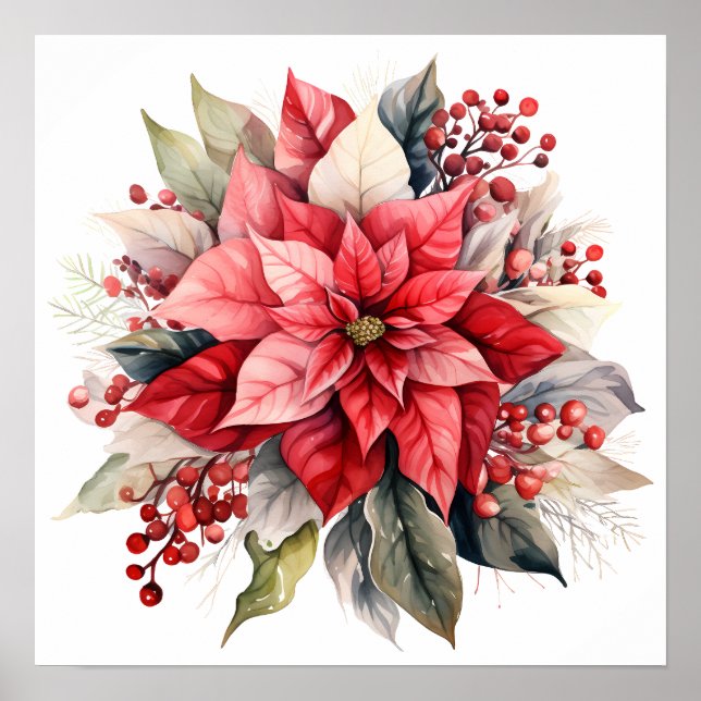 Poster Grosse Fête Rouge Poinsettia Fleur de Noël (Devant)