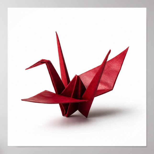 Poster Grue d'origami rouge traditionnelle en blanc (Devant)