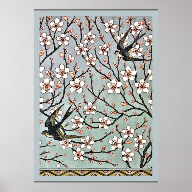 Poster Grue - Fleurs d'amandier et hirondelles (Devant)
