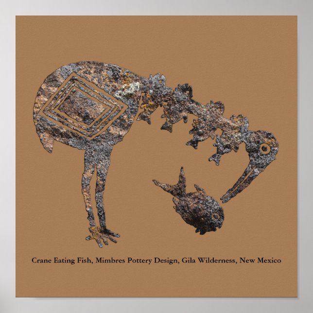 Poster Grue Manger Poisson, Mimbres Poterie Poterie Poste (Devant)