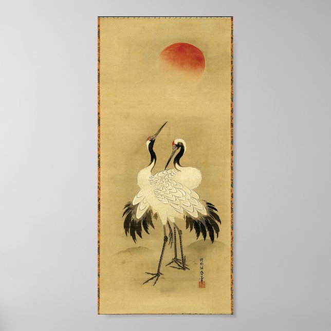 Poster Grues japonaises et soleil 18ème siècle (Devant)