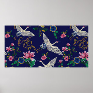 Poster Grues japonaises, vagues et fleurs. Broderie