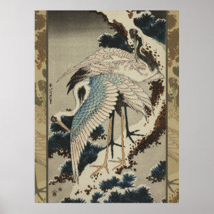 Poster Grues sur un pin enneigé Hokusai