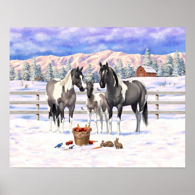 Poster Grulla Pinto Grey Paint Hors sur une ferme d'hiver (Devant)
