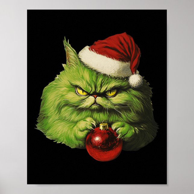 Poster Grumeux Vert Père Noël Chat Retro Chat Noël (Devant)