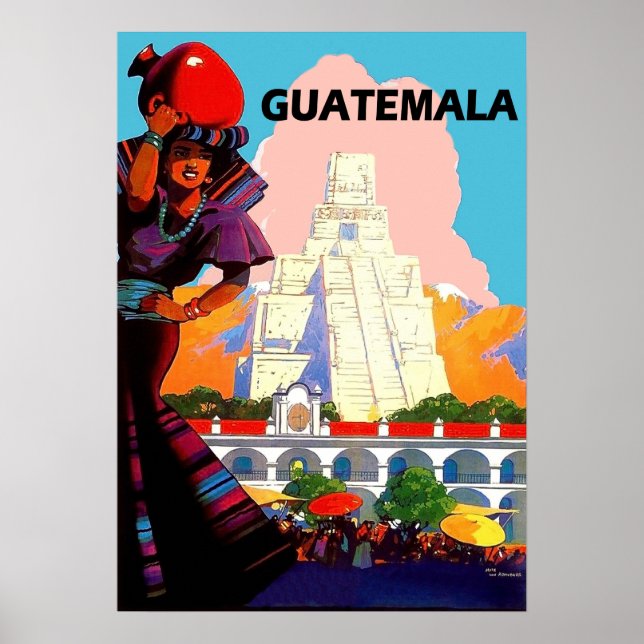 Poster Guatemala, femme native avec poterie, pyramide (Devant)