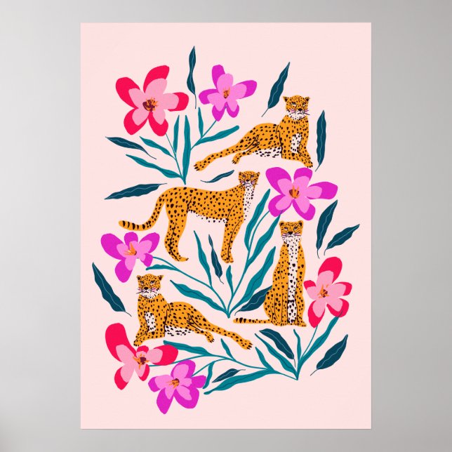 Poster Guépard mignon moderne avec orchidées (Devant)