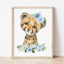 Poster Guépard, Safari, Jungle, Fleurs Bleues, Chambre de