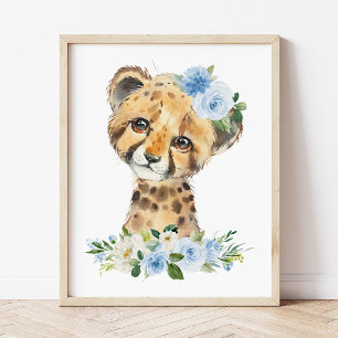 Poster Guépard, Safari, Jungle, Fleurs Bleues, Garçon Cha