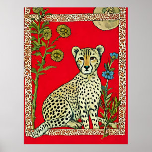 Poster Guépard sur fond rouge avec des fleurs