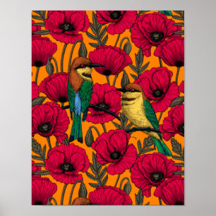 Poster Guêpiers et pavots sur orange