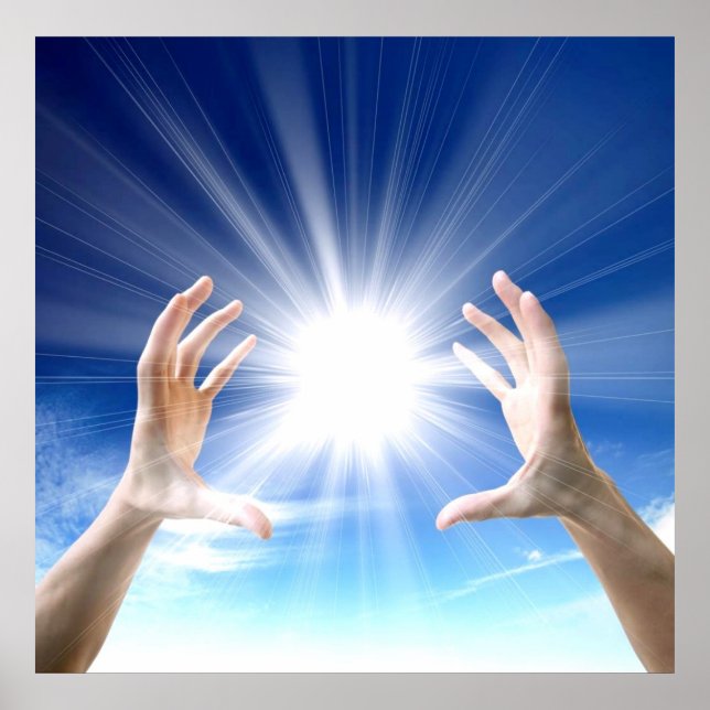 Poster Guérir les mains sur arrière - plan bleu, reiki, c (Devant)