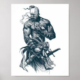 Poster Guerrier cosaque ukrainien tenant une épée combatt