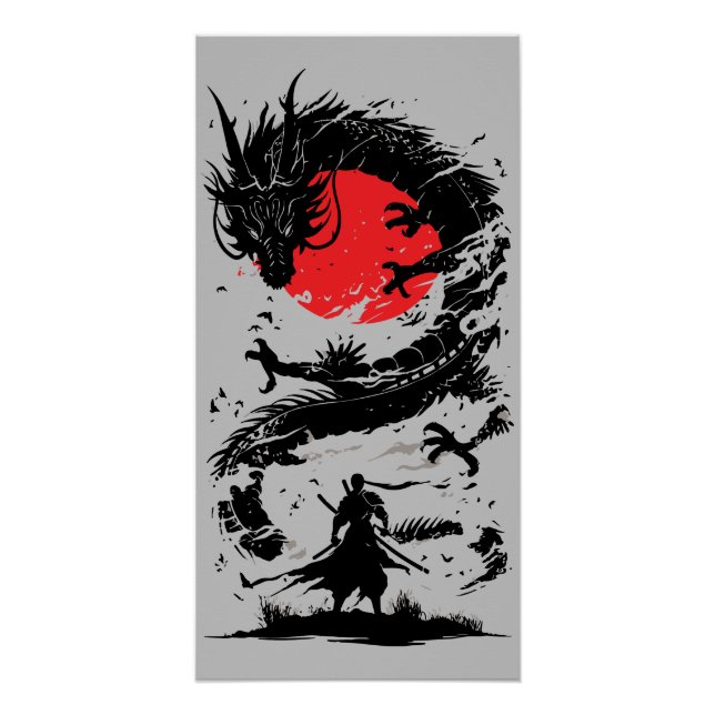 Poster Guerrier samouraï et combat de dragon (Devant)