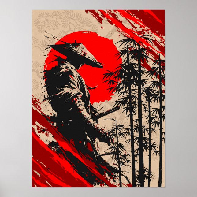 Poster Guerrier samouraï japonais lavis à l'encre (Devant)